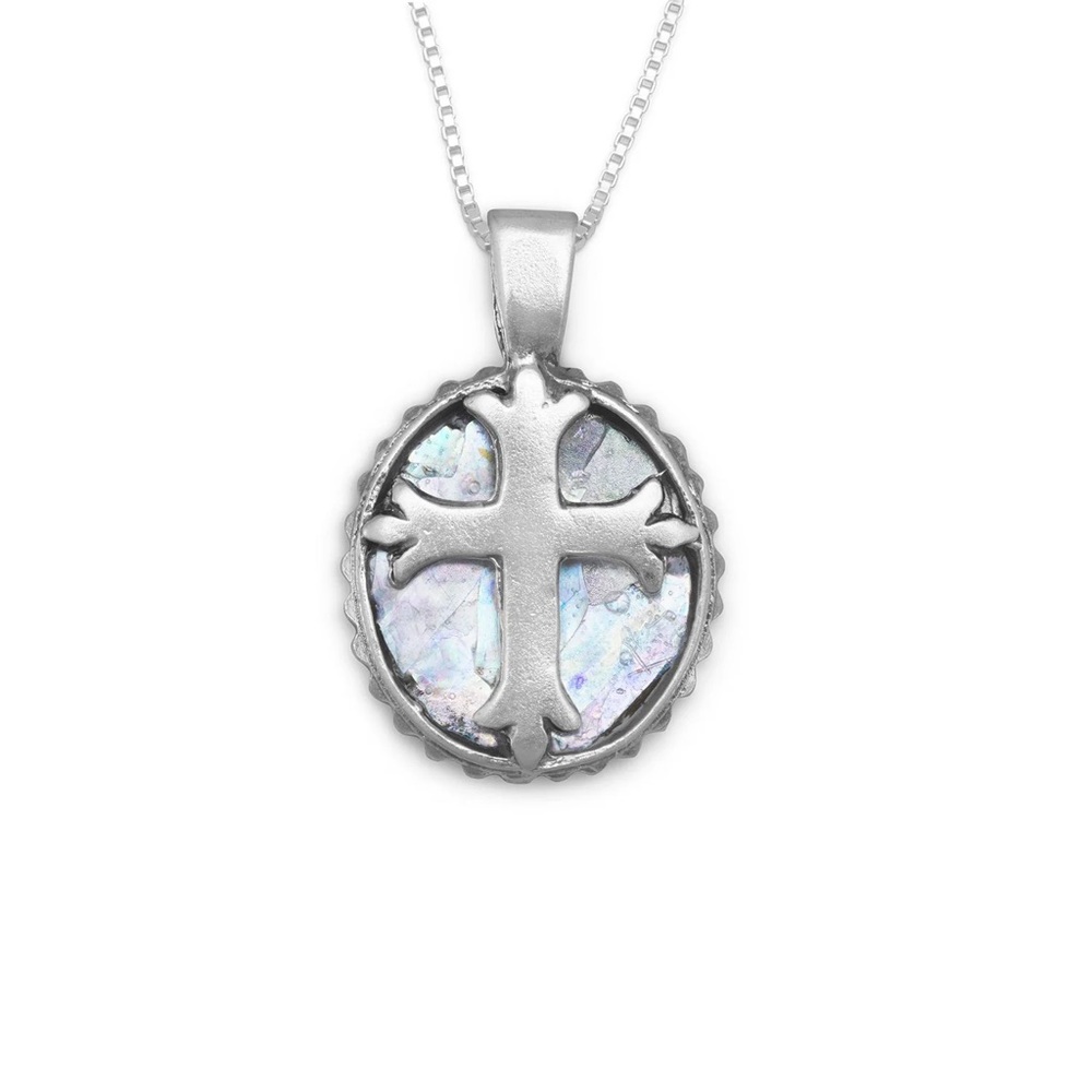 18" Religious Oval Ancient Roman Glass Cross Necklace - 925 Sterling Silver